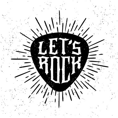 monochrome hipster vintage label , badge " let's rock " for poster , flayer or t-shirt print with plectrum, starburst and ray