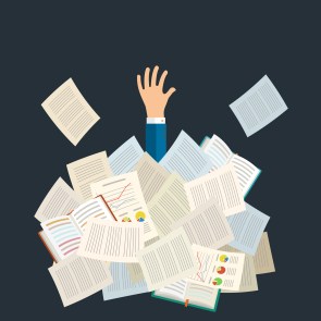 Concept of studying. Student buried under a pile of books, textbooks and papers. Flat design, vector illustration.